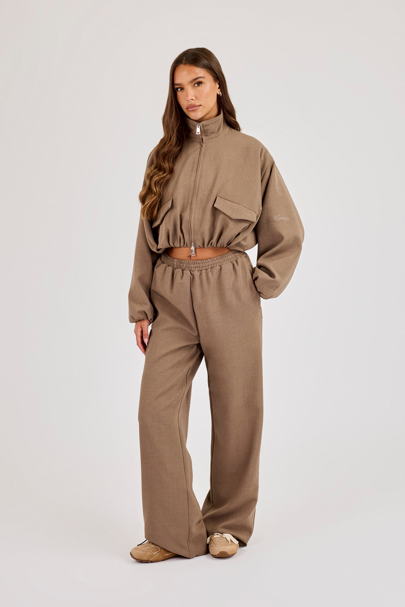 Twill Elasticated Hem Funnel Neck Jacket & Trouser - Taupe